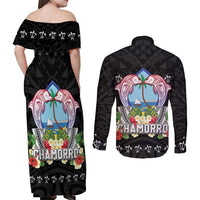 Guam Chamorro Couples Matching Off Shoulder Maxi Dress and Long Sleeve Button Shirt Tribal Latte Stone With Dolphins Black