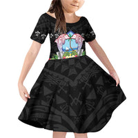 Guam Chamorro Family Matching Off Shoulder Short Dress and Hawaiian Shirt Tribal Latte Stone With Dolphins Black