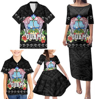 Guam Chamorro Family Matching Puletasi and Hawaiian Shirt Tribal Latte Stone With Dolphins Black