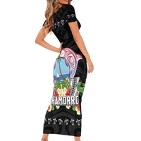 Guam Chamorro Short Sleeve Bodycon Dress Tribal Latte Stone With Dolphins Black
