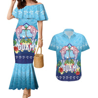 Guam Chamorro Couples Matching Mermaid Dress and Hawaiian Shirt Tribal Latte Stone With Dolphins Blue LT05 Blue - Polynesian Pride