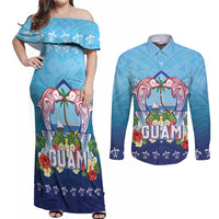 Guam Chamorro Couples Matching Off Shoulder Maxi Dress and Long Sleeve Button Shirt Tribal Latte Stone With Dolphins Blue
