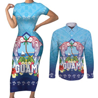 Guam Chamorro Couples Matching Short Sleeve Bodycon Dress and Long Sleeve Button Shirt Tribal Latte Stone With Dolphins Blue
