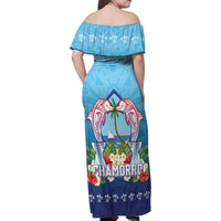 Guam Chamorro Family Matching Off Shoulder Maxi Dress and Hawaiian Shirt Tribal Latte Stone With Dolphins Blue