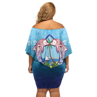 Guam Chamorro Family Matching Off Shoulder Short Dress and Hawaiian Shirt Tribal Latte Stone With Dolphins Blue