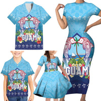 Guam Chamorro Family Matching Short Sleeve Bodycon Dress and Hawaiian Shirt Tribal Latte Stone With Dolphins Blue