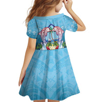 Guam Chamorro Kid Short Sleeve Dress Tribal Latte Stone With Dolphins Blue