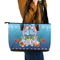 Guam Chamorro Leather Tote Bag Tribal Latte Stone With Dolphins Blue
