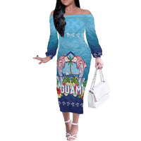 Guam Chamorro Off The Shoulder Long Sleeve Dress Tribal Latte Stone With Dolphins Blue