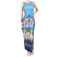 Guam Chamorro Tank Maxi Dress Tribal Latte Stone With Dolphins Blue