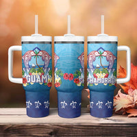 Guam Chamorro Tumbler With Handle Tribal Latte Stone With Dolphins Blue