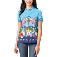 Guam Chamorro Women Polo Shirt Tribal Latte Stone With Dolphins Blue