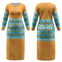 Hawaii Humuhumu Fish Maile Pikake Lei Couples Matching Long Sleeve Bodycon Dress and Hawaiian Shirt Tribal Tapa Orange Version