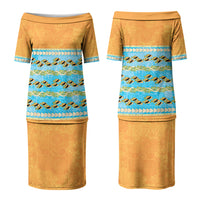 Hawaii Humuhumu Fish Maile Pikake Lei Couples Matching Puletasi and Long Sleeve Button Shirt Tribal Tapa Orange Version