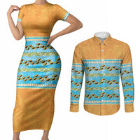 Hawaii Humuhumu Fish Maile Pikake Lei Couples Matching Short Sleeve Bodycon Dress and Long Sleeve Button Shirt Tribal Tapa Orange Version