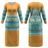 Hawaii Humuhumu Fish Maile Pikake Lei Family Matching Long Sleeve Bodycon Dress and Hawaiian Shirt Tribal Tapa Orange Version
