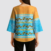 Hawaii Humuhumu Fish Maile Pikake Lei Kimono Sleeve Blouse Tribal Tapa Orange Version