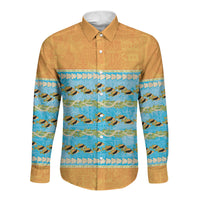 Hawaii Humuhumu Fish Maile Pikake Lei Long Sleeve Button Shirt Tribal Tapa Orange Version