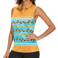 Hawaii Humuhumu Fish Maile Pikake Lei Women Sleeveless Polo Shirt Tribal Tapa Orange Version