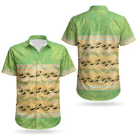 Hawaii Humuhumu Fish Maile Pikake Lei Couples Matching Long Sleeve Bodycon Dress and Hawaiian Shirt Tribal Tapa Green Version