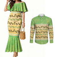 Hawaii Humuhumu Fish Maile Pikake Lei Couples Matching Mermaid Dress and Long Sleeve Button Shirt Tribal Tapa Green Version