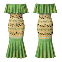 Hawaii Humuhumu Fish Maile Pikake Lei Couples Matching Mermaid Dress and Long Sleeve Button Shirt Tribal Tapa Green Version