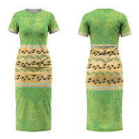 Hawaii Humuhumu Fish Maile Pikake Lei Couples Matching Short Sleeve Bodycon Dress and Long Sleeve Button Shirt Tribal Tapa Green Version