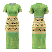 Hawaii Humuhumu Fish Maile Pikake Lei Family Matching Short Sleeve Bodycon Dress and Hawaiian Shirt Tribal Tapa Green Version