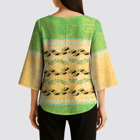 Hawaii Humuhumu Fish Maile Pikake Lei Kimono Sleeve Blouse Tribal Tapa Green Version