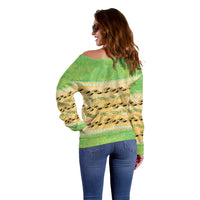 Hawaii Humuhumu Fish Maile Pikake Lei Off Shoulder Sweater Tribal Tapa Green Version