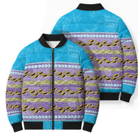 Hawaii Humuhumu Fish Maile Pikake Lei Bomber Puffer Jacket Tribal Tapa Blue Version