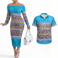 Hawaii Humuhumu Fish Maile Pikake Lei Couples Matching Off The Shoulder Long Sleeve Dress and Hawaiian Shirt Tribal Tapa Blue Version