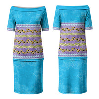 Hawaii Humuhumu Fish Maile Pikake Lei Couples Matching Puletasi and Hawaiian Shirt Tribal Tapa Blue Version