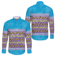 Hawaii Humuhumu Fish Maile Pikake Lei Family Matching Off The Shoulder Long Sleeve Dress and Hawaiian Shirt Tribal Tapa Blue Version