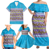 Hawaii Humuhumu Fish Maile Pikake Lei Family Matching Off Shoulder Maxi Dress and Hawaiian Shirt Tribal Tapa Blue Version