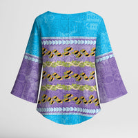 Hawaii Humuhumu Fish Maile Pikake Lei Kimono Sleeve Blouse Tribal Tapa Blue Version