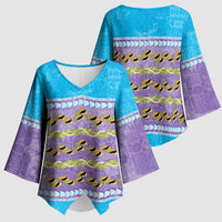 Hawaii Humuhumu Fish Maile Pikake Lei Kimono Sleeve Blouse Tribal Tapa Blue Version