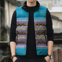 Hawaii Humuhumu Fish Maile Pikake Lei Sleeveless Puffer Jacket Tribal Tapa Blue Version