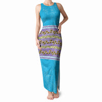 Hawaii Humuhumu Fish Maile Pikake Lei Tank Maxi Dress Tribal Tapa Blue Version