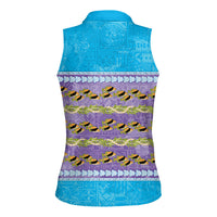 Hawaii Humuhumu Fish Maile Pikake Lei Women Sleeveless Polo Shirt Tribal Tapa Blue Version