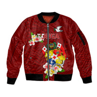 Personalized Tonga Sleeve Zip Bomber Jacket Coat Of Arms Plumeria With Ngatu Pattern LT05 Unisex Red - Polynesian Pride