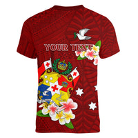 Personalized Tonga Women V Neck T Shirt Coat Of Arms Plumeria With Ngatu Pattern LT05 - Polynesian Pride