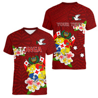 Personalized Tonga Women V Neck T Shirt Coat Of Arms Plumeria With Ngatu Pattern LT05 - Polynesian Pride