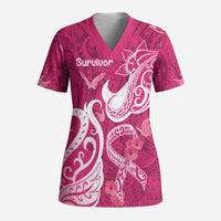 Breast Cancer Awareness Scrub Top Ribbon Polynesian Pattern Pink Version - Polynesian Pride