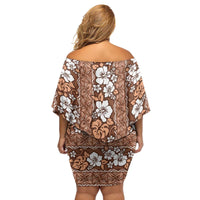 Hawaii Vintage Brown Hibiscus Tapa Pattern Family Matching Off Shoulder Short Dress and Hawaiian Shirt