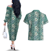 Hawaii Vintage Green Hibiscus Tapa Pattern Couples Matching Off The Shoulder Long Sleeve Dress and Hawaiian Shirt