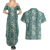 Hawaii Vintage Green Hibiscus Tapa Pattern Couples Matching Summer Maxi Dress and Hawaiian Shirt