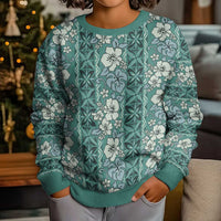 Hawaii Vintage Green Hibiscus Tapa Pattern Kid Ugly Christmas Sweater