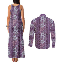 Hawaii Vintage Violet Hibiscus Tapa Pattern Couples Matching Tank Maxi Dress and Long Sleeve Button Shirt