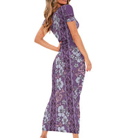 Hawaii Vintage Violet Hibiscus Tapa Pattern Short Sleeve Bodycon Dress
